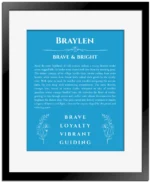 Braylen name origin print with meaning and traits in blue with black matte frame