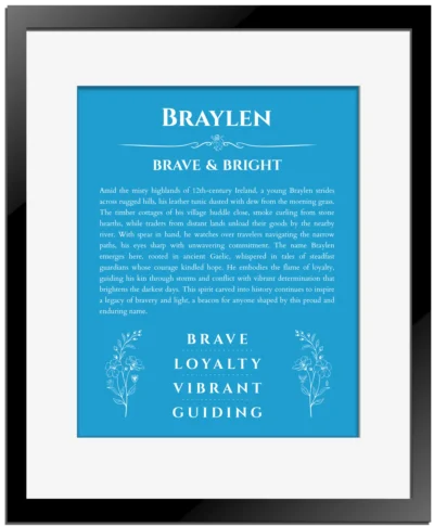 Braylen name origin print with meaning and traits in blue with black matte frame