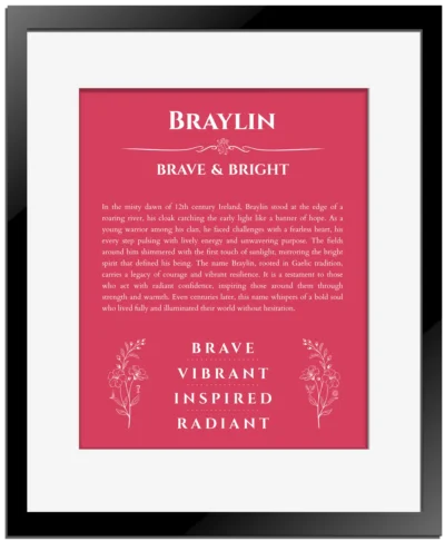 Braylin custom name print for wall display in red with black matte frame