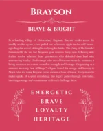 Brayson name origin print with meaning and traits in red