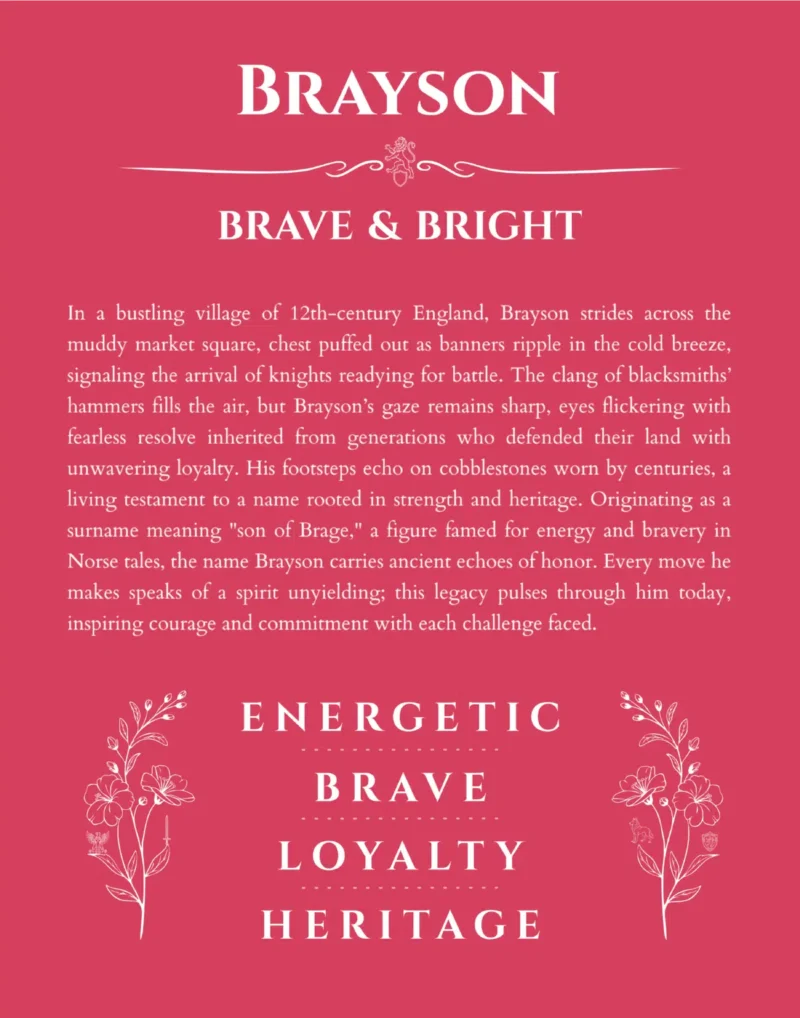 Brayson name origin print with meaning and traits in red