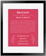 Brayson name origin print with meaning and traits in red with black matte frame