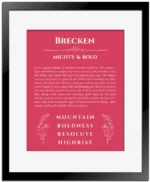 Brecken personalized name art with origin story in red with black matte frame