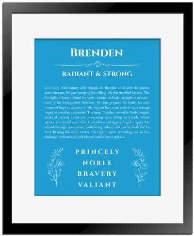Brenden custom name print for wall display in blue with black matte frame