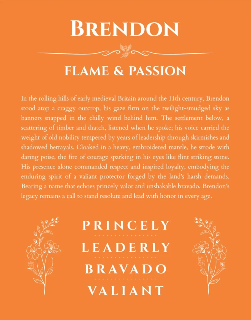 Brendon personalized name art with origin story in orange