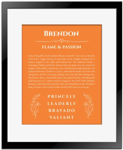 Brendon personalized name art with origin story in orange with black matte frame