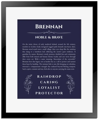 Brennan custom name print for wall display in navy blue with black matte frame