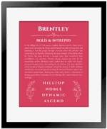 Brentley personalized name print with origin and traits in red with black matte frame
