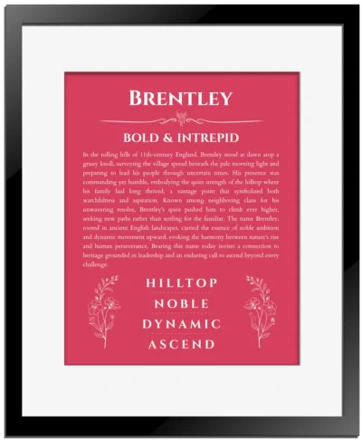 Brentley personalized name print with origin and traits in red with black matte frame