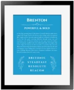 Brenton custom name art showing meaning and origin in blue with black matte frame