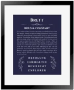 Brett custom name print for wall display in navy blue with black matte frame