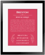 Brexton personalized name print with origin and traits in red with black matte frame