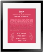 Bria custom name art showing meaning and origin in red with black matte frame