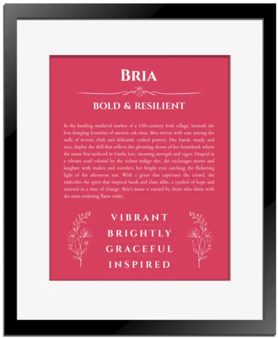 Bria custom name art showing meaning and origin in red with black matte frame