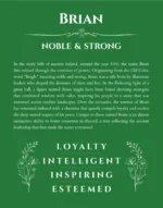 Brian personalized name print with origin and traits in dark green