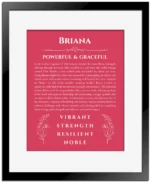Briana personalized name print with origin and traits in red with black matte frame