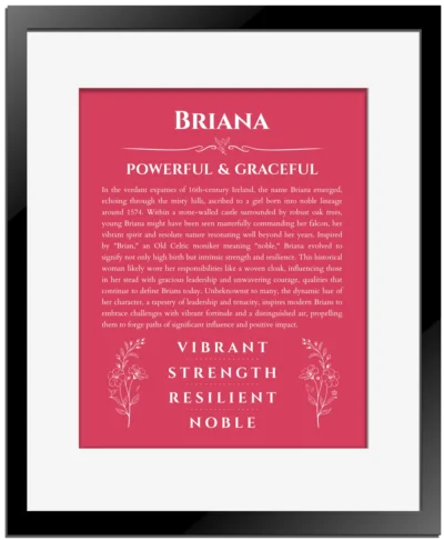 Briana personalized name print with origin and traits in red with black matte frame