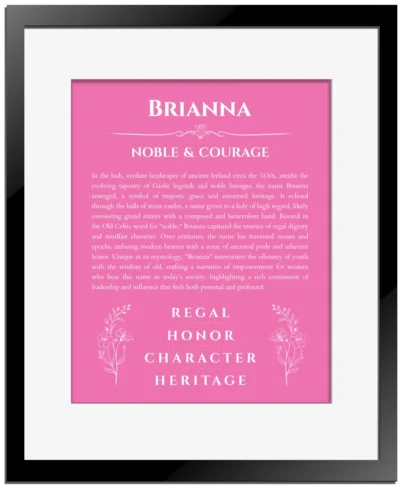 Brianna personalized name meaning print in pink with black matte frame