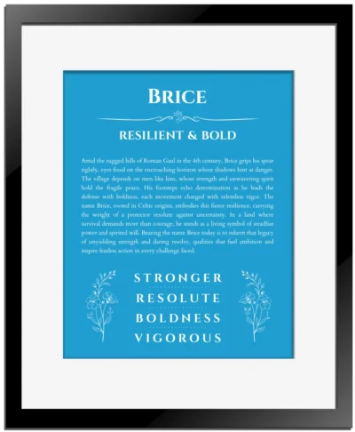Brice name meaning wall art by Get Your Story in blue with black matte frame