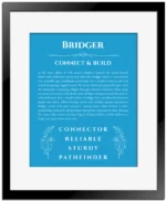 Bridger custom name art showing meaning and origin in blue with black matte frame