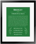 Bridget personalized name meaning print in dark green with black matte frame