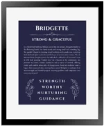 Bridgette personalized wall art with the story of your name in navy blue with black matte frame