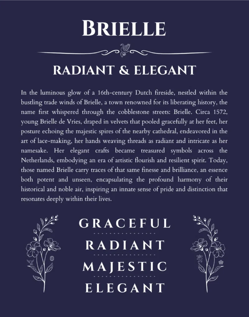 Brielle custom name art showing meaning and origin in navy blue