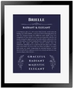 Brielle custom name art showing meaning and origin in navy blue with black matte frame