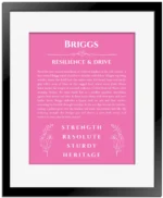 Briggs personalized name art with origin story in pink with black matte frame