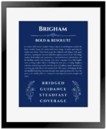 Brigham name origin print with meaning and traits in deep blue with black matte frame