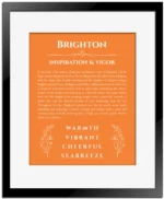 Brighton custom name art showing meaning and origin in orange with black matte frame