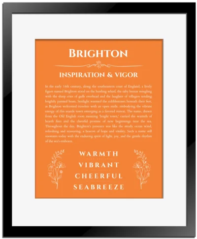 Brighton custom name art showing meaning and origin in orange with black matte frame