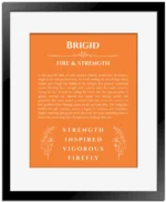 Brigid personalized name art with origin story in orange with black matte frame