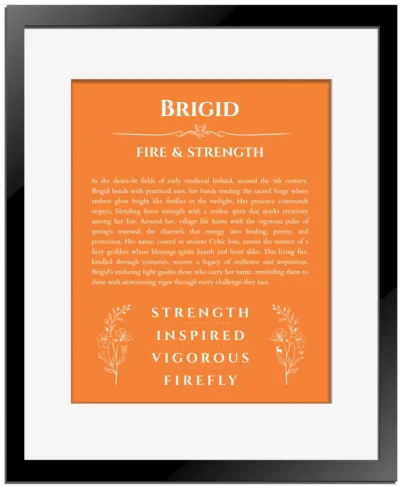 Brigid personalized name art with origin story in orange with black matte frame