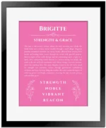Brigitte personalized name art with origin story in pink with black matte frame