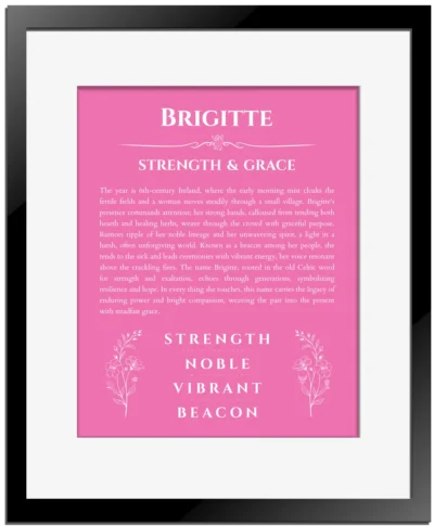 Brigitte personalized name art with origin story in pink with black matte frame