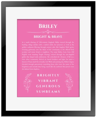 Briley personalized name art with origin story in pink with black matte frame