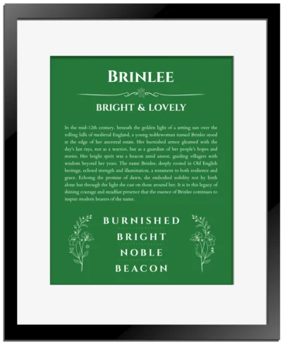 Brinlee name meaning wall art by Get Your Story in dark green with black matte frame