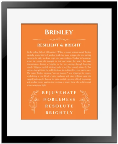 Brinley personalized name meaning print in orange with black matte frame