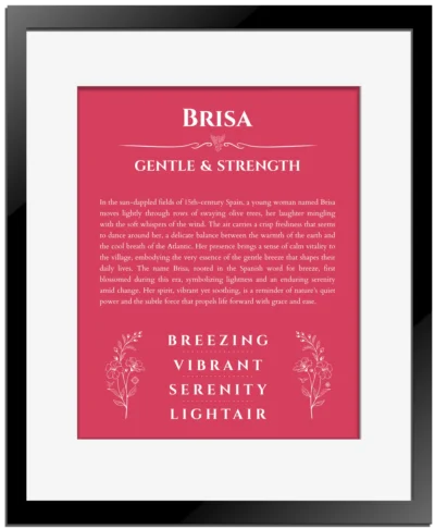 Brisa personalized name print with origin and traits in red with black matte frame