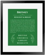 Britney personalized name meaning print in dark green with black matte frame