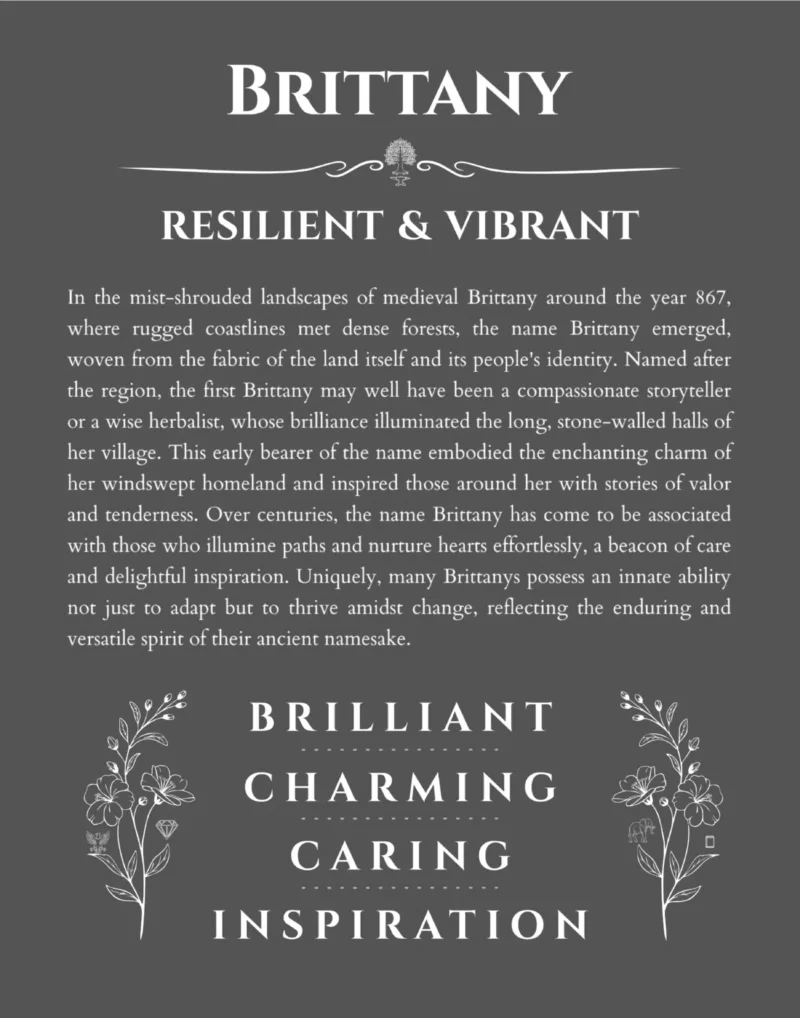 Brittany name origin print with meaning and traits in gray