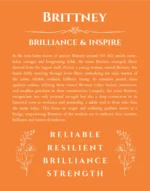 Brittney custom name art showing meaning and origin in orange