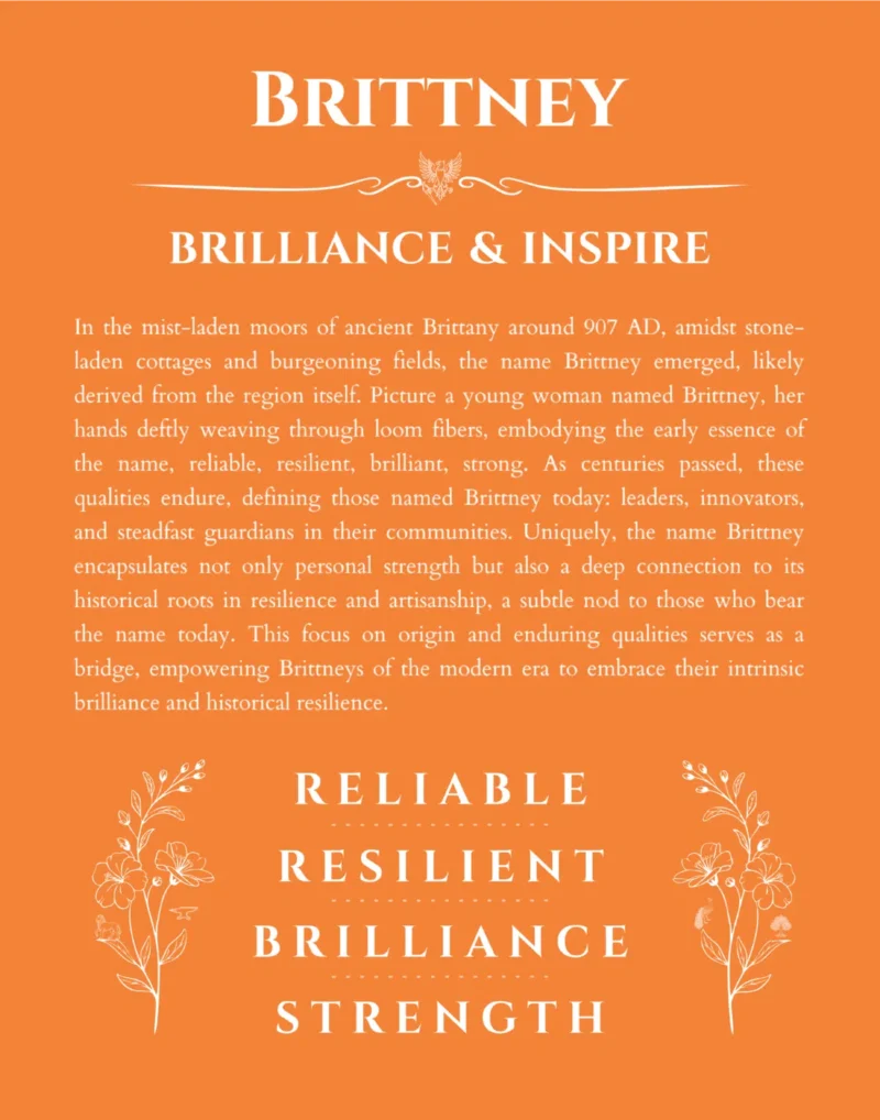 Brittney custom name art showing meaning and origin in orange