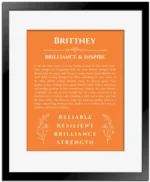 Brittney custom name art showing meaning and origin in orange with black matte frame