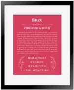 Brix personalized name art with origin story in red with black matte frame