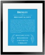 Brixley name meaning gift print in blue with black matte frame