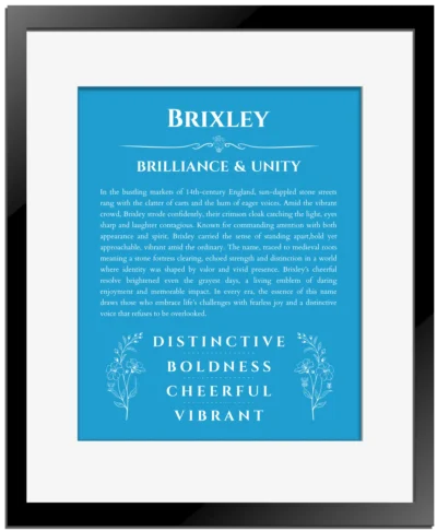 Brixley name meaning gift print in blue with black matte frame