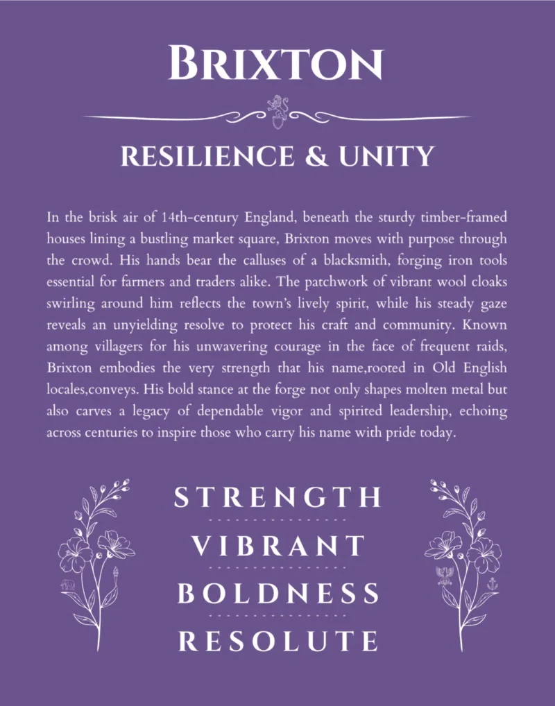 Brixton name origin print with meaning and traits in purple