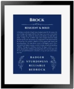 Brock personalized name art with origin story in deep blue with black matte frame
